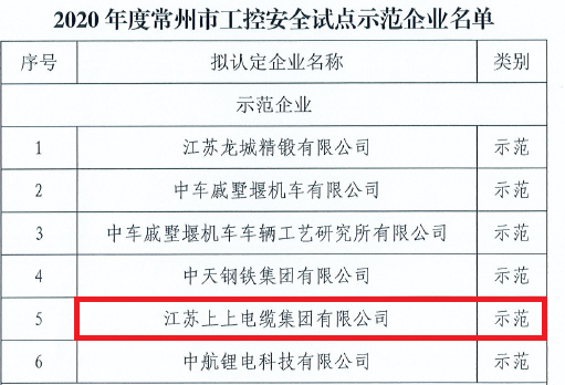 BBIN宝盈集团电缆获评常州市首批“工控安全示范企业”称号